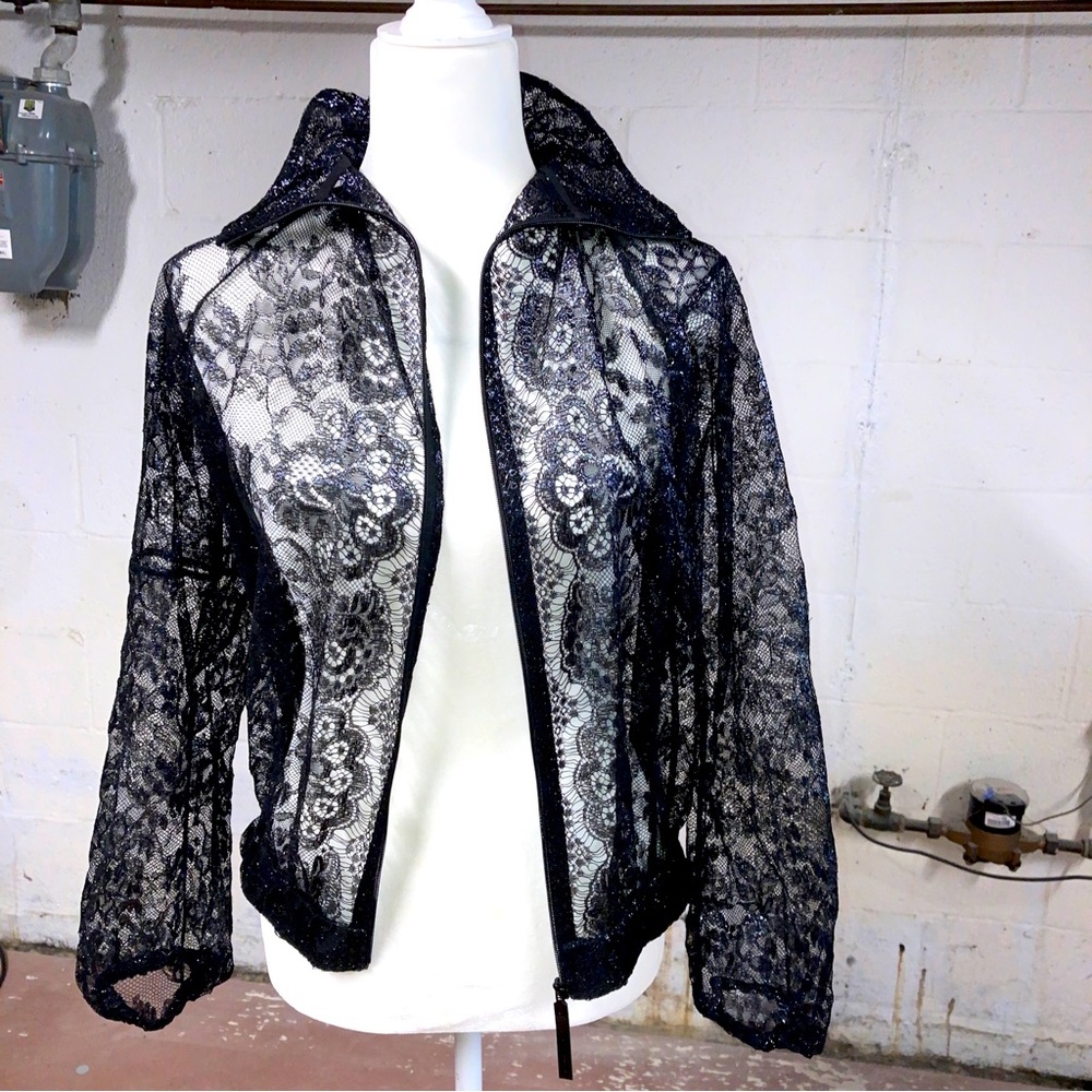 Vintage Black Metallic Lace Beaded Collared Boudicca Bomber Jacket